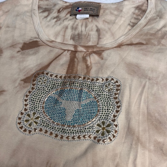 Don’t Mess With Texas Bedazzled Longhorn Tan Tie Dye 3/4 Sleeve Top Sz L Western - Picture 7 of 9